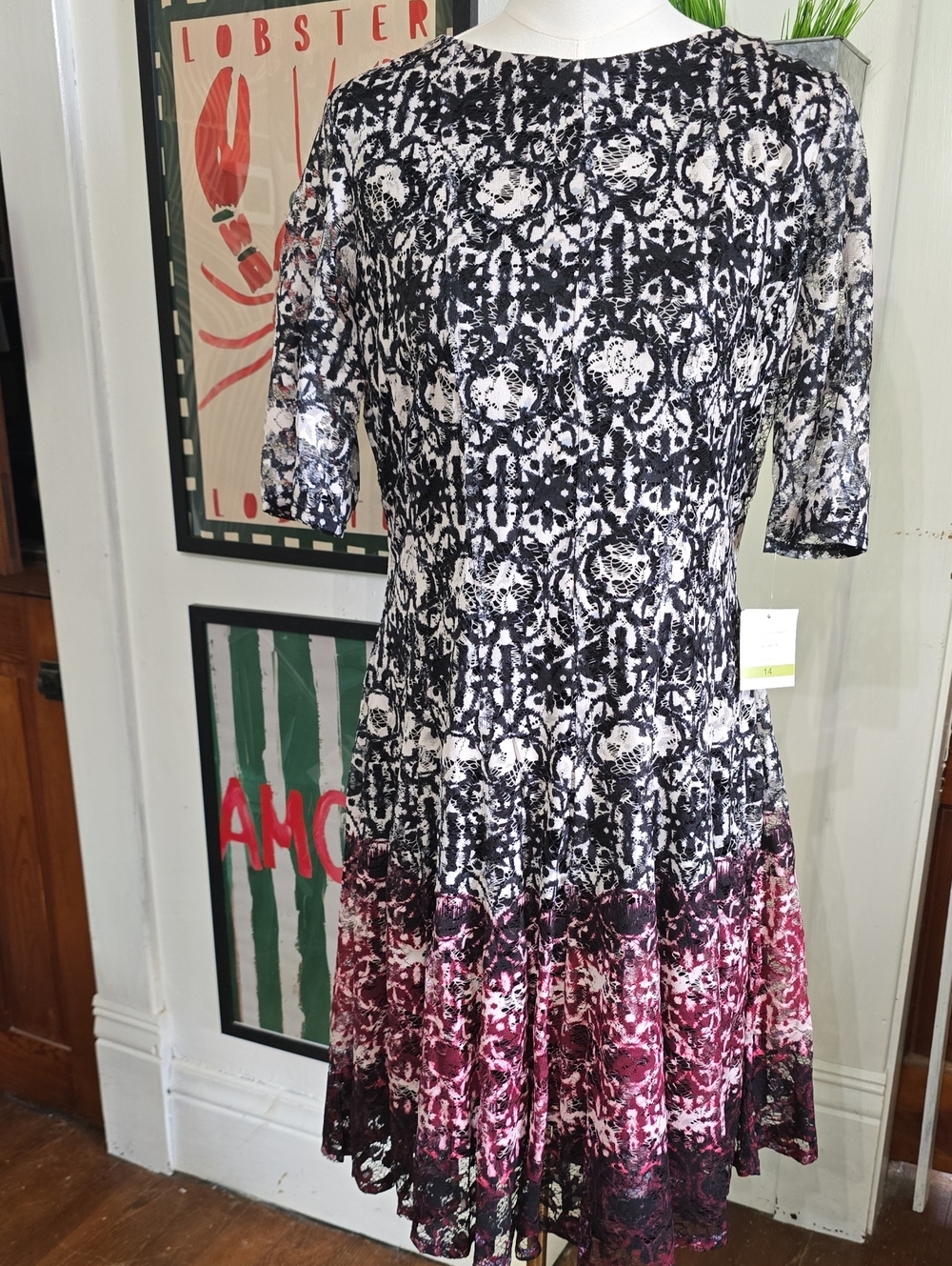 Danny & Nicole Black, White and Red Ombre Lace Midi Dress Nwt 14